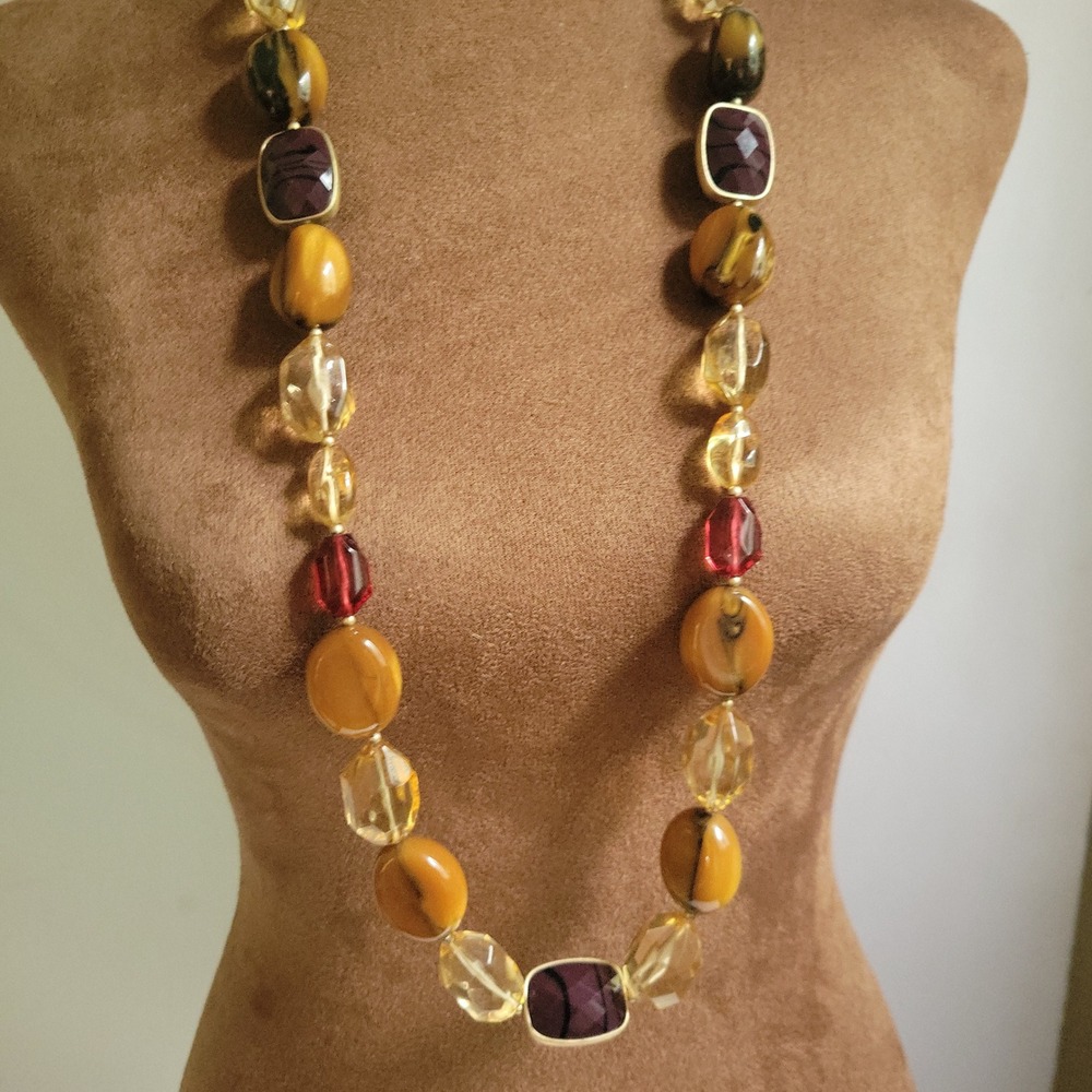 Jones NY Chunky Multi Color Bead Statement Necklace 32 Inch Gold Tone 32"